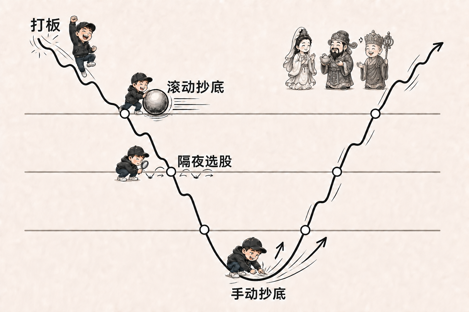 动态策略原理图：打板、滚动抄底、隔夜选股与手动抄底。点击计数